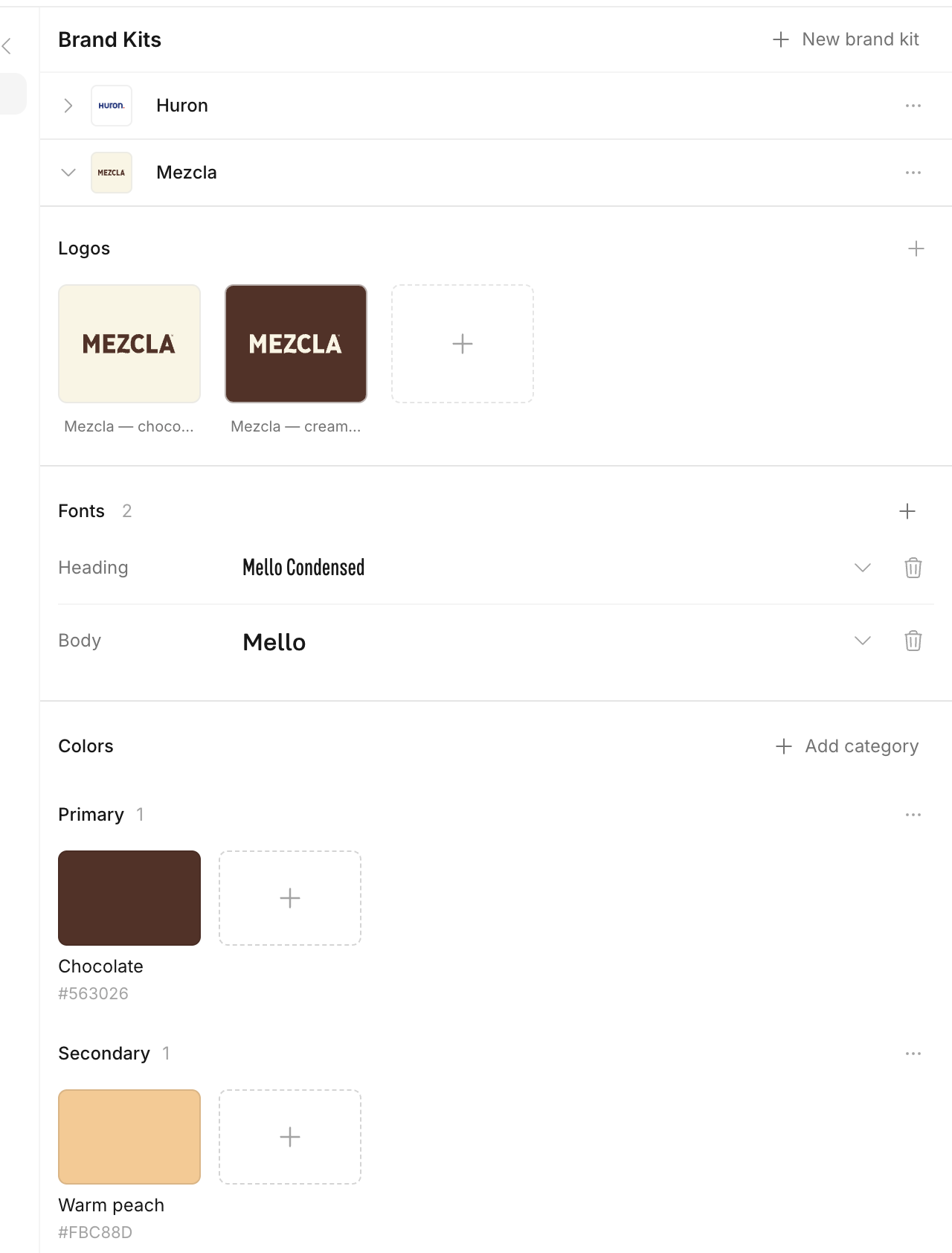 Brand Kits in Pikes, showing logos, heading and body fonts, and color palettes.