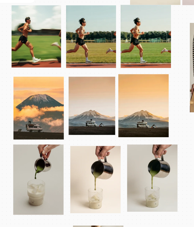 Three rows showing a runner, a mountain and camper van, and a matcha drink. Each row compares the reference on the left, a new generation in the middle, and the recolored result on the right.